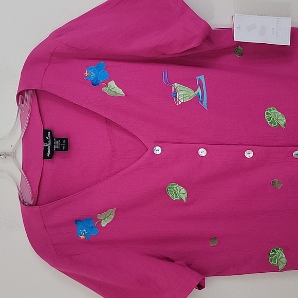 NWT Kensington Lane Pink Embroidered Short Sleeve Button Up Top L - Picture 2 of 14